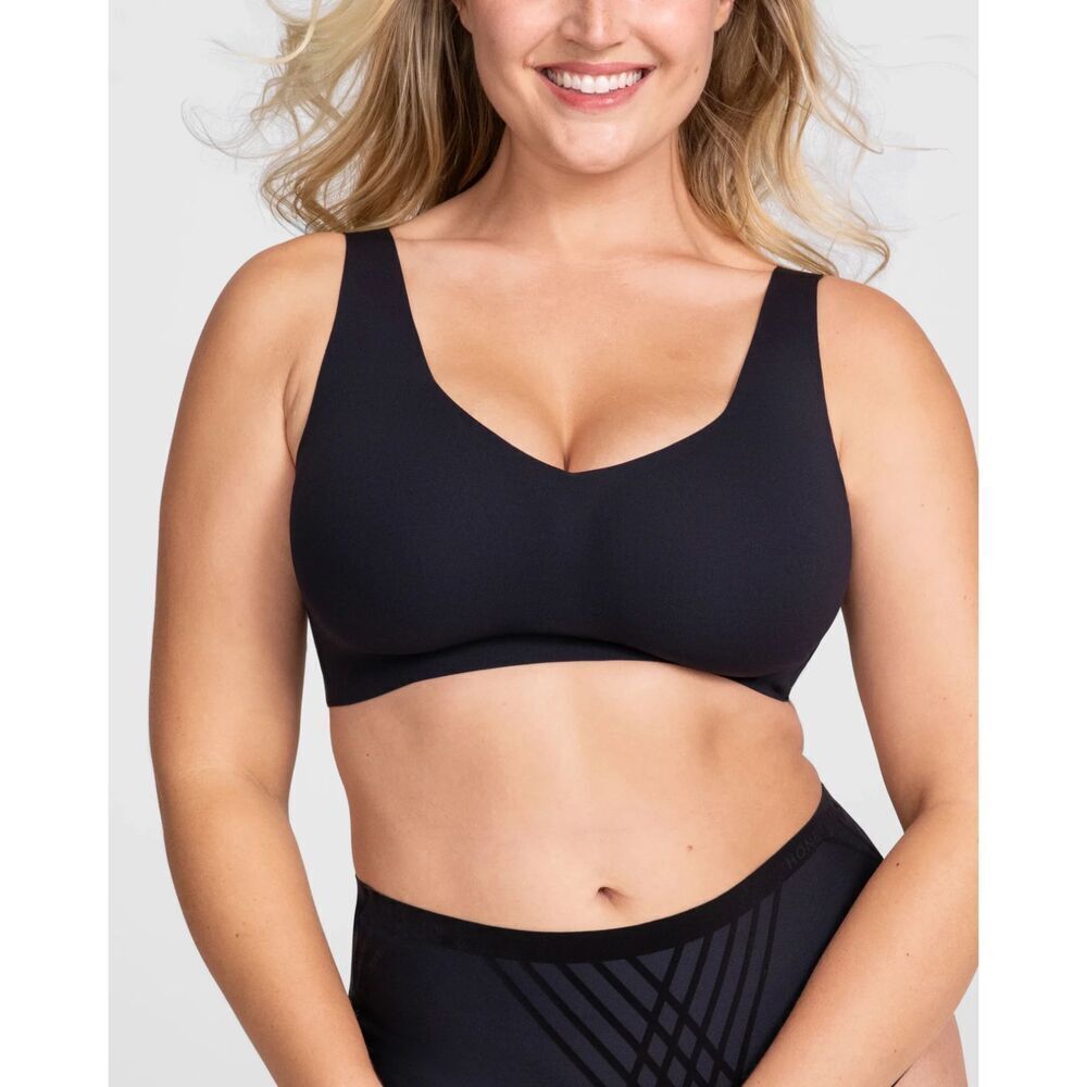 HONEYLOVE Women's Vamp Black V-Neck Wireless Supportive Smoothing Bra Size 2X
